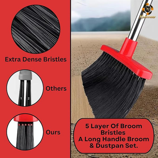 Standing Broom and Dustpan Set, Built-in Scraper Teeth, No-Slip Grip, Dust Collection Tray for Home, Office, Lobby, and Outdoor, Adjustable Handle from 38.18" to 52" (Black and Red)