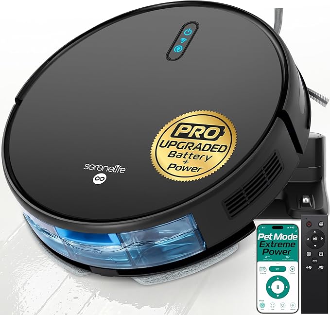 SereneLife Automatic Robot Vacuum Cleaner and Mop Combo, Pro Edition with Upgraded Battery, Extreme Suction, Internal Water Tank - Smart App Control, Ideal for Pet Hair, Carpet and Hard Floors, Black
