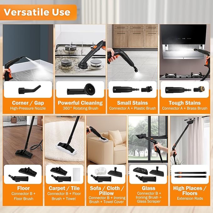 BEAMNOVA Steam Cleaner Electric Household Steamer High Pressure Multipurpose Rolling Cleaning Machine for Carpet Upholstery Floor Car Detailing Home Inside Water Container with Roller, White