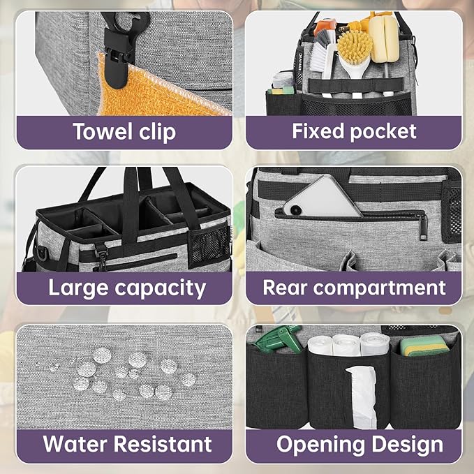 Wearable Cleaning Caddy Bag for Cleaning Supplies,Large Capacity Cleaning Organizer Grey