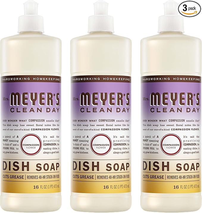MRS. MEYER'S CLEAN DAY Liquid Dish Soap, Compassion Flower Scent, 16 Fl Oz Bottle - 3 Pack