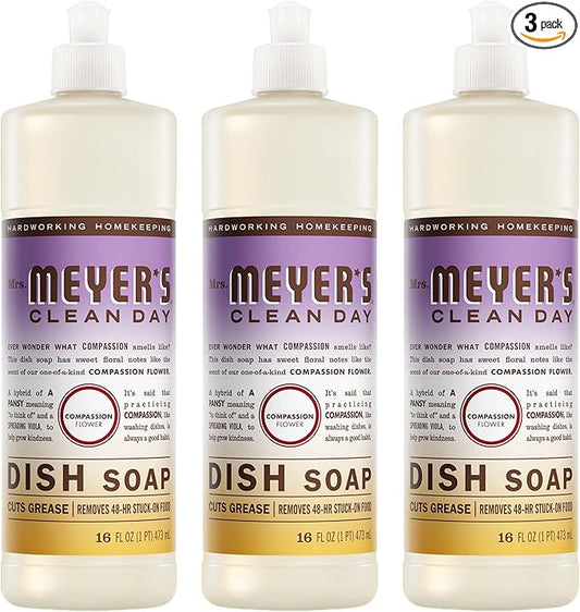 MRS. MEYER'S CLEAN DAY Liquid Dish Soap, Compassion Flower Scent, 16 Fl Oz Bottle - 3 Pack