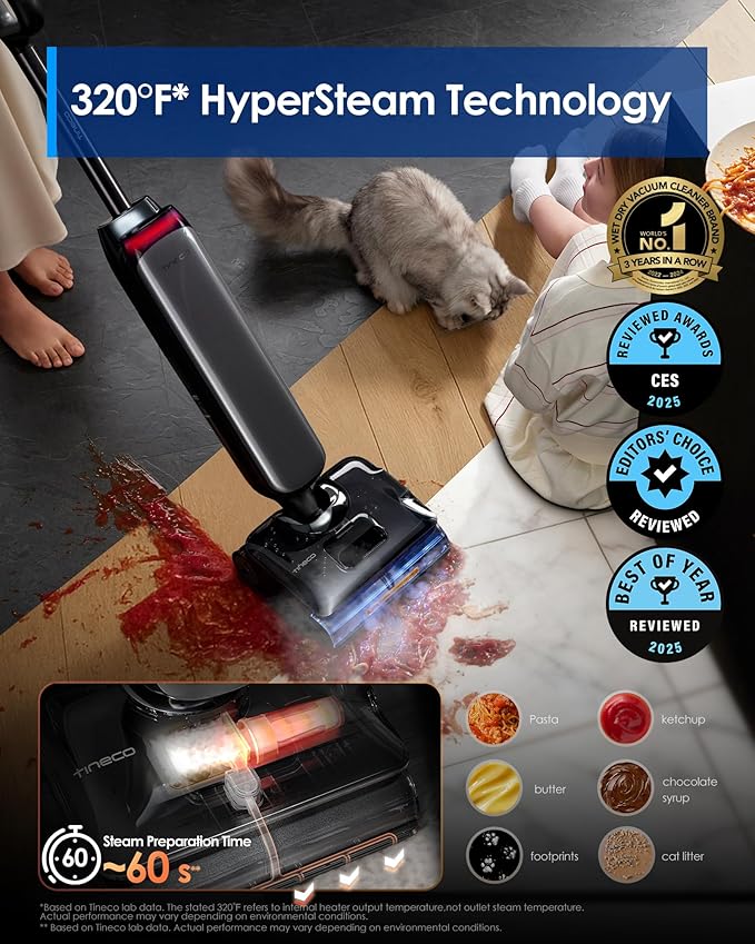 Tineco Floor One S9 Artist Steam Wet Dry Vacuum Cleaner, High-Temp Steam Cleaning, 22kPa Suction, 360° SmoothDrive, Anti-Tangle Design, 185°F Flashdry, Long Runtime, 180° Lay-Flat