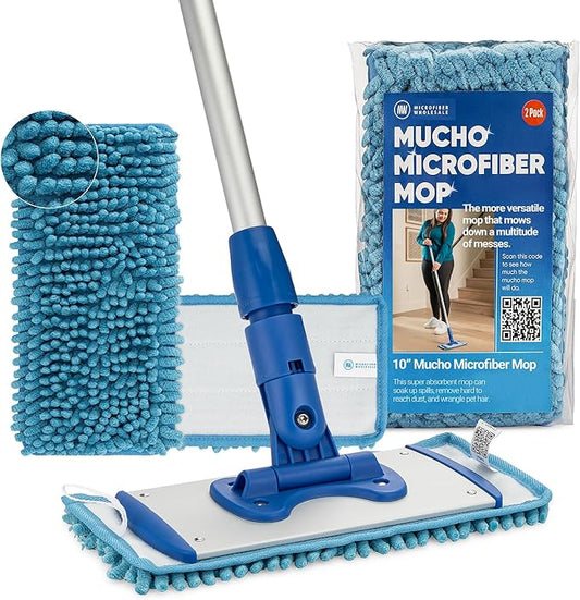 10" Mucho Microfiber Mop System - Mops for Floor Cleaning - Hardwood Floor Mop for Tile, Laminate, Wood, Vinyl Floors | Washable Pads | Dry & Wet Mopping - Microfiber Wholesale