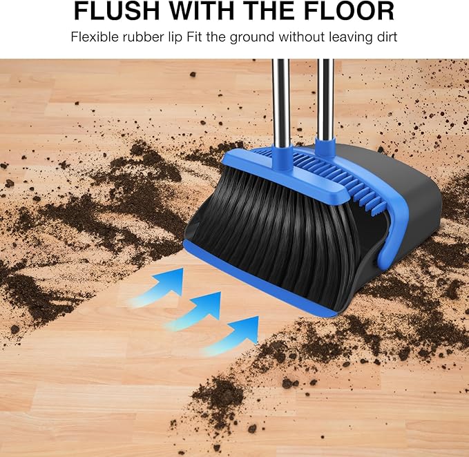 NACENA Broom and Dustpan Set, 52-in Long Adjustable Handle Broom Dustpan Combo with Dustpan Teeth to Automatically Clean Hair Suitable for Home Kitchen Office Hall Floor (Black&Blue), 2 Pack