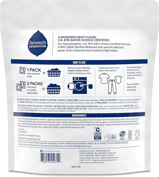 Seventh Generation Laundry Detergent Packs, Free & Clear, Made for Sensitive Skin, EPA Safer Choice Certified, 64 Count
