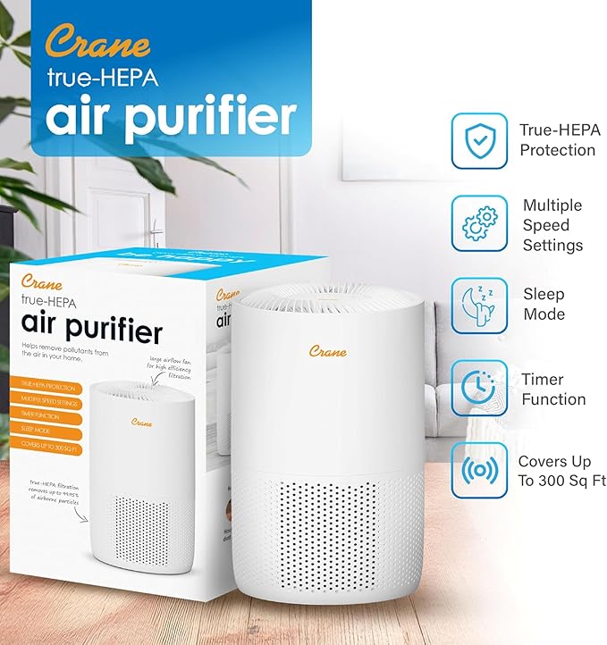 Crane True HEPA Air Purifiers for Home, Up To 300 Sq Ft, Air Purifiers For Bedroom, and Office, Removes Dust, Smoke, Pet Dander, and Allergens, Purifier HEPA with Sleep Timer, Child Lock, Aroma Tray