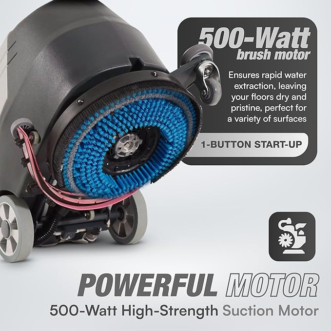 Battery Powered Walk Behind Floor and Carpet Scrubber Buffer Polisher Machine, 16" Brush, 21.5" Squeegee Width, 6.5 gal Tank, Brush Speed 200 RPM, Includes a Hard Brush Soft Brush and 3 Scouring pads