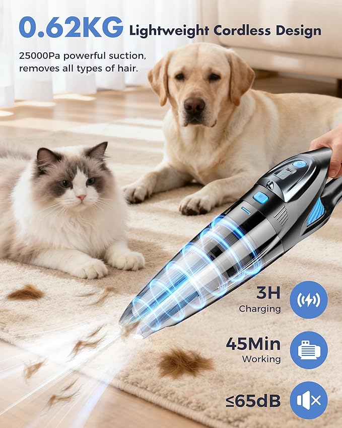Handheld Vacuum Cordless 25000PA Powerful Suction, Portable Car Vacuum, 3 in 1 Hand Held Vacuum Rechargeable 8000mAh with LED Light, HEPA Filter, Home, Car Seats, Office, Pet Hair Blue+Black