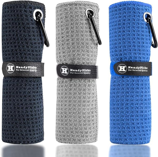 Handy Picks Microfiber Golf Towel (16" X 16") with Carabiner Clip, Waffle Pattern Golf Towel Hook and Loop Fastener - The Convenient Golf Cleaning Towel