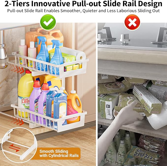 Under Sink Organizer 2 Pack, 2 Tier Adjustable Height Reinforced Carbon Steel Under Kitchen Bathroom Sink Storage Organizer, Smooth Pull-Out Under Sink Cabinet Rack Drawer Organizer, White