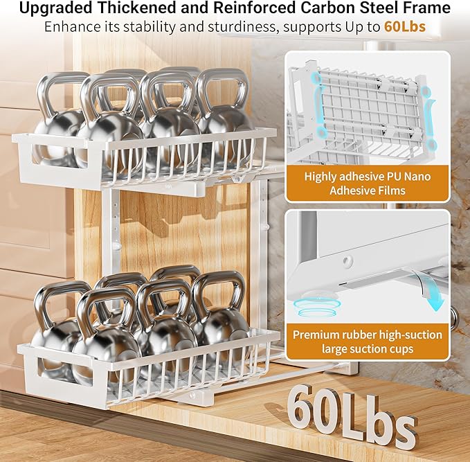 Under Sink Organizer 2 Pack, 2 Tier Adjustable Height Reinforced Carbon Steel Under Kitchen Bathroom Sink Storage Organizer, Smooth Pull-Out Under Sink Cabinet Rack Drawer Organizer, White