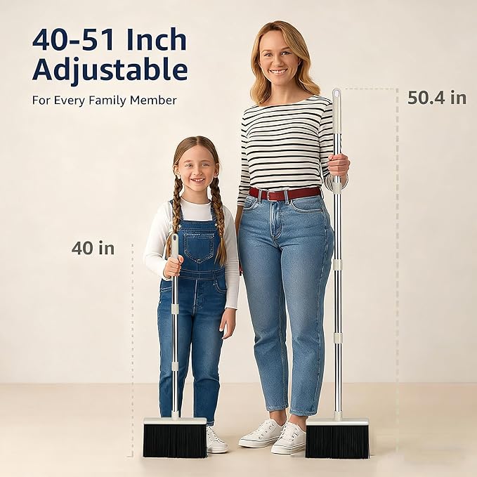 Broom with Dustpan – Premium Broom Set with Upright Design, Hair-Removal Dustpan Included,No-Bending Broom for efficient Home Cleaning Tool (Gray-Yellow)