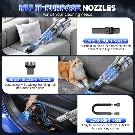Handheld Vacuum Cordless, 16000PA Strong Suction Hand Held Car Vacuum Cleaner, Portable Hand Vacuum Rechargeable with Multi-Nozzles & LED Light for Home, Car, Office, Pets