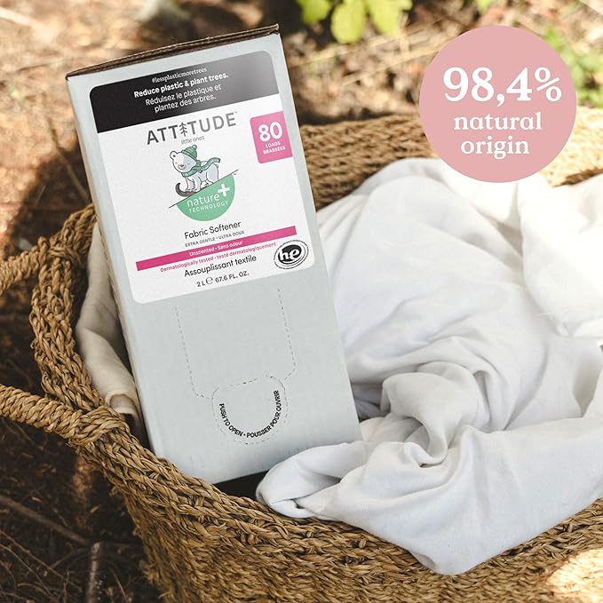 ATTITUDE Baby Fabric Softener, Plant and Mineral-Based Ingredients, HE Compatible, Vegan and Cruelty-free Laundry and Household Products, Unscented, Bulk Refill, 80 Loads, 67.6 Fl Oz