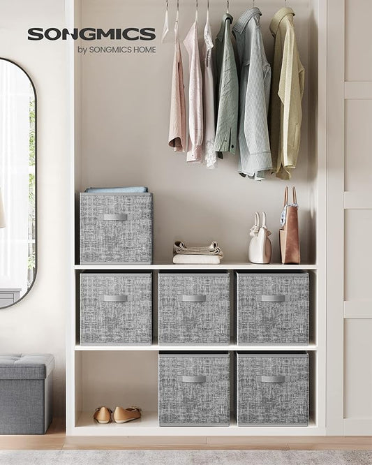 SONGMICS Storage Cubes, 13-Inch Non-Woven Fabric Bins with Double Handles, Set of 6, Closet Organizers for Shelves, Foldable, for Clothes, Cattail Gray UROB033G01