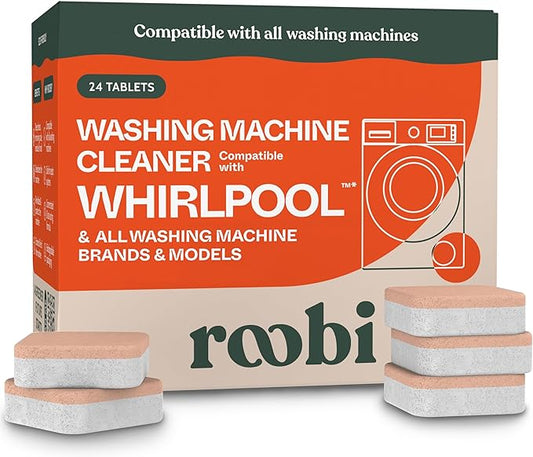 Roobi Washing Machine Cleaner Tablets. Compatible with Whirlpool and All Washing Machine Brands and Models. Septic Safe Deep Clean Formula. Carbon-Neutral 24-Pack Cleaning Tablets.