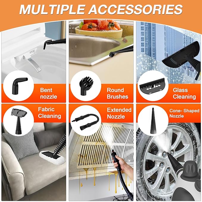 Handheld Steam Cleaner, Pressurized Multi-Purpose Natural Steamer with 12 pcs Accessories, Steamer for Cleaning Car, Bathroom, Countertop, Upholstery, Shower, Couch, Tile Grout, Window, Grease