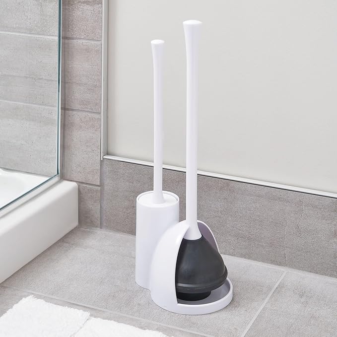 iDesign Compact Plunger Set for Bathroom Cleaning and Storage-Set of 2-White Toilet Brush