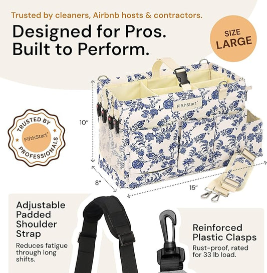 FifthStart Multiuse Large Blue Floral Diaper Caddy with Waist, Shoulder Strap, 9 Pockets, Mesh Base, and Adjustable Compartments