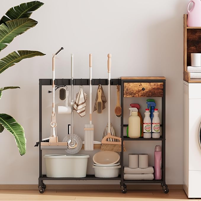 Heavy Duty Metal Cleaning Cart with Wheels,Broom Holder with Cleaning Supplies Organizer,Broom Storage Cart with Mop Hanger Gripper Rack Hooks for Home, Commercial (Rustic Brown, 37.6" L)