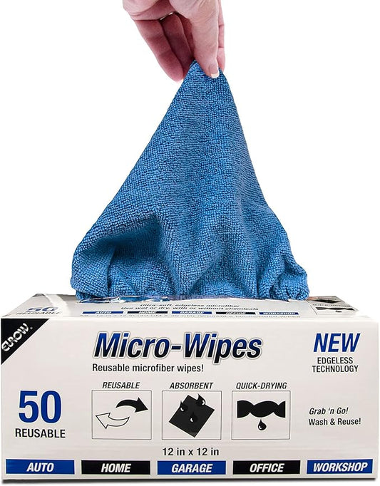 Eurow 200GSM Microfiber Cleaning and Drying Cloths with Dispenser Box, Reusable, Streak-Free, Scratch-Free, Ultra Absorbent, Edgeless for All Surface Types, 12x12in, 50-Pack, Blue