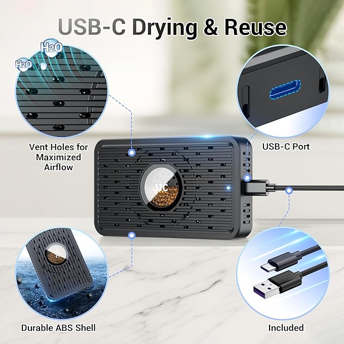 Auto Power-off USB C Rechargeable Gun Safe Dehumidifier Desiccant,Small Reusable Moisture Absorber Silica Gel Packets for 3D Printer Bathroom Bedroom Basement RV Closet Cabinet Windowsill Tent - White