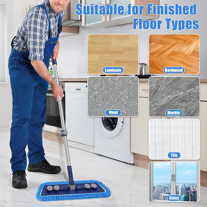 Microfiber Mops for Floor Cleaning - Dust Mop for Hardwood Floors with 55” Adjustable Handle 3 Thickened Washable Pads - Wet Dry Mopping for Pet Hairs Walls Tile Wood Laminate Home Kitchen