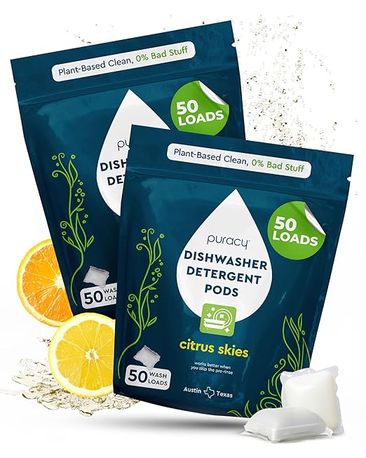 Puracy Dishwasher Pods, Natural Dishwasher Detergent, Citrus Skies Dish tabs - Enzyme-Powered, Spot & Residue Free - TikTok Trend Items, Must Haves from TikTok (Citrus Skies, 50 Count - 2 Pack)