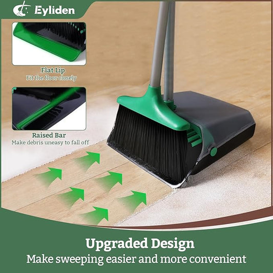 Eyliden Broom with Dustpan Combo Set - Stand-Up Dustpan, Self-Cleaning Comb, 4-Row Dense Bristles - Sweeper Brooms and Dustpan for Home, Office, Lobby, Shop, Classroom, Dorm Room (Black & Green)