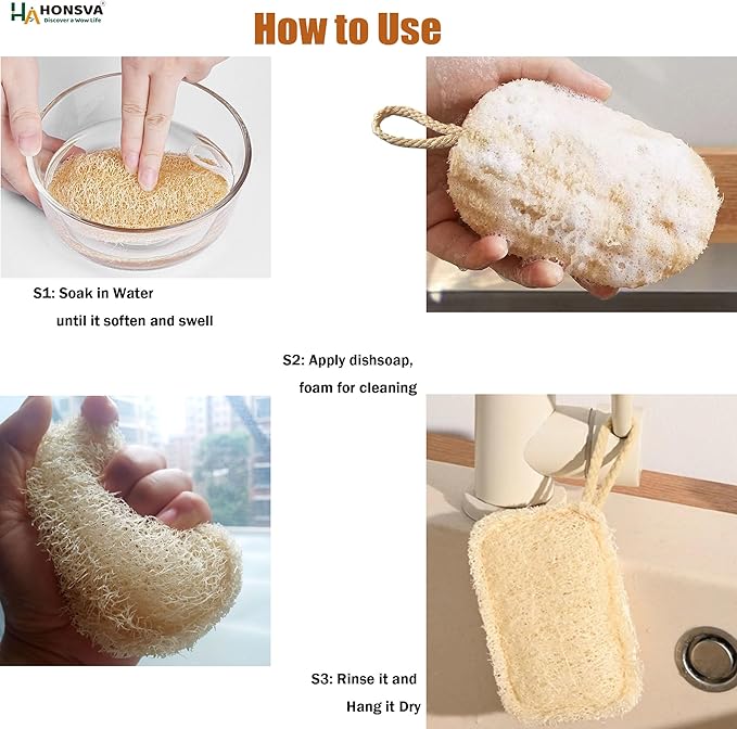 Loofah Natural Kitchen Sponge (5 Pcs), No Scratch Scrubber for Dish Cleaning, 100% Plant Based Vegetable Scrubber, Zero Waste and Eco Friendly Sponge for Kitchen (3 Pcs Oval+2 Pcs Rectangular)