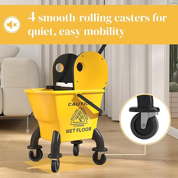 Heavy-Duty Mop Bucket with Press Wringer System for Efficient Floor Cleaning – Durable Plastic Cart Design with Smooth-Rolling Wheels