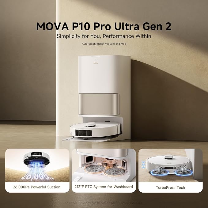 Mova P10 Pro Ultra Gen 2 Robot Vacuum and Mop, 26,000Pa Suaction, 212°F Hot Water Auto Mop Washing, 1-Hour Hot Air Drying, Extenable Mop, All-in-One Dock, Triple Anti-Tangle System for Home