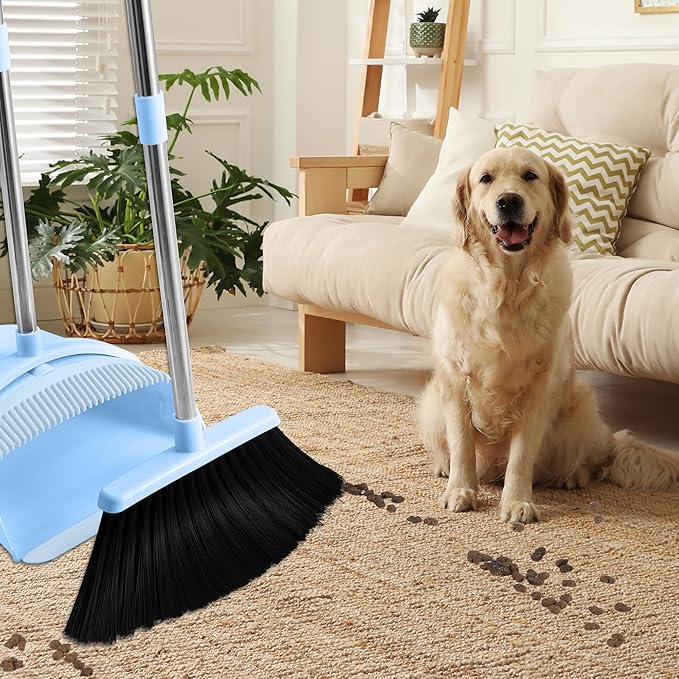 Broom and Dustpan Set, 52-in Handle Broom Dustpan Combo Set with Dustpan Teeth to Clean Pet Hair Suitable for Home Kitchen Office Garden Garage(Blue)