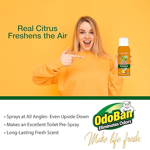 OdoBan Aroma Eliminator Set, Made in the USA, 10 Ounce Toilet Spray 360-Degree Continuous Spray Natural Oil Real Citrus Orange Air Freshener and 14 Ounce Solid Scent Absorber