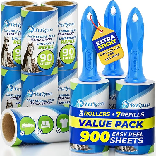 PetLovers Extra Sticky Lint Roller Mega Value Set 900 Sheets for Pet Hair Removal and Clothes, Dog and Cat Lint Remover, 10 Pack