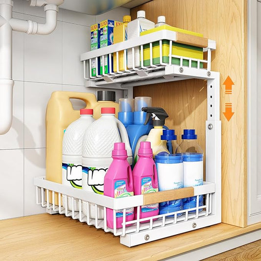 PXRACK 1 Pack Under Sink Organizer,Adjustable Height,2 Tier Pull Out Under Cabinet Organizer,Slide Out Thickened Metal Under Sink Storage for Kitchen Bathroom Laundry Cabinet Pantry,White(L)