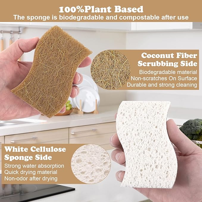 12 Pack Natural Sponges,Kitchen Sponge,Natural Dish Sponges for Washing Dishes,Biodegradable Compostable Cellulose and Coconut Scrubber Sponge for Kitchen,Non-Scratch,Odor Free