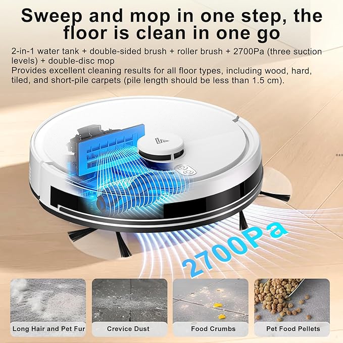 Robot Vacuum and Mop Combo, Robotic Vacuums with LiDAR Navigation, Smart Mapping, Strong Suction, with WiFi/App/Alexa/Voice Control, Obstacle Avoidance, for Home, Wood/Hard Floors, Pet Hair