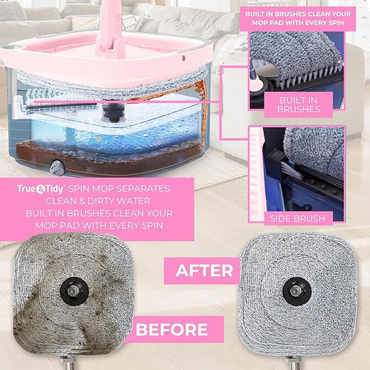 Square Spin Mop & Bucket Smart Floor Mop with Separate Compartments for Clean and Dirty Water, Self Cleaning 2025 Upgraded Version w/Side Brush & Self-Standing Handle, Rose
