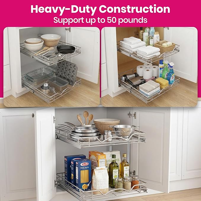 HOLDN’ STORAGE Two Tier Pull Out Cabinet Organizer, Individual Sliding Drawers - Heavy Duty Metal with Lifetime Limited Warranty - Anti Rust Chrome Finish - 17" W x 21”D x 16.5" H