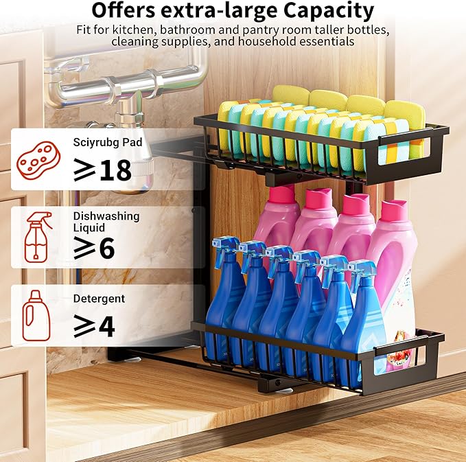 Under Sink Organizer 2 Pack, 2 Tier Adjustable Height Reinforced Carbon Steel Under Kitchen Bathroom Sink Storage Organizer, Smooth Pull-out Under Sink Cabinet Rack Drawer Organizer, Black