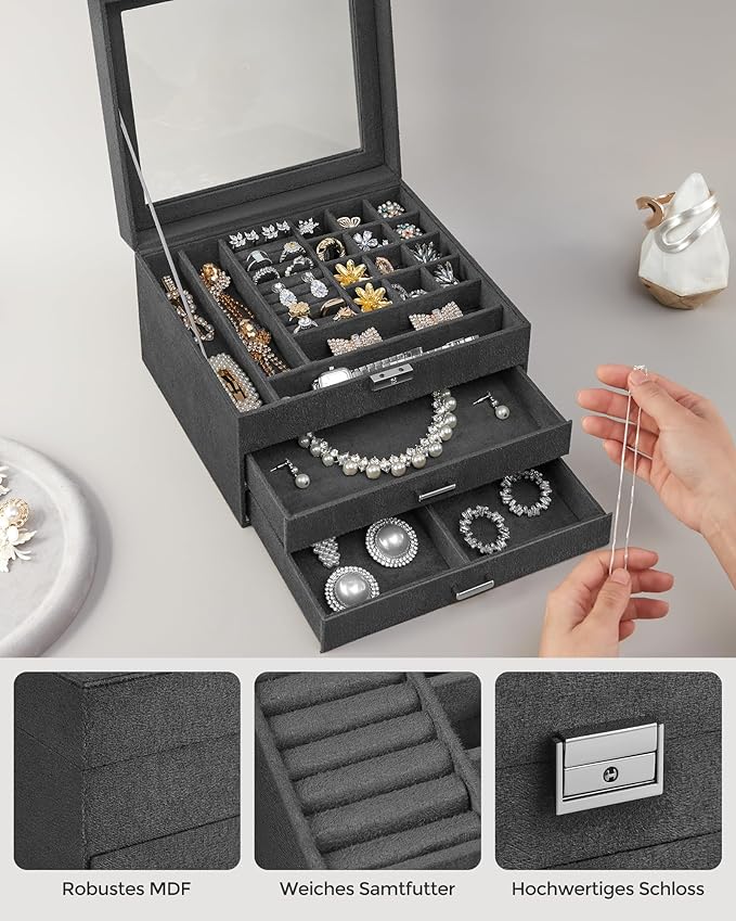 SONGMICS Jewelry Box, Lockable Jewelry Storage Organizer, Jewelry Case with Glass Window, for Rings, Earrings, Studs, Bracelets, Necklaces, Gray UJBC158G01