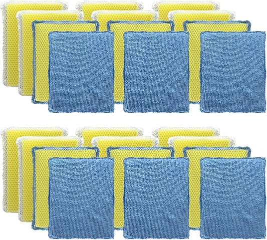 LOLA Microfiber & Nylon Net Sponges, 24 Pack, 12 Dual Sided Non-Scratch Sponge Pads & 12 w/Microfiber Cloth One Side and Nylon Net Other Side