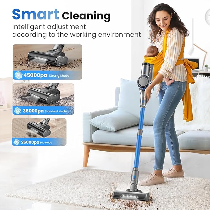 Dzaki S9X Vacuum Cleaners for Home,400W 45KPa Cordless Stick Vacuum Cleaner,Up to 55 Mins Runtime,Smart Induction Auto-Adjustment,Rechargeable Battery Vacuum Cordless for Carpet Floor Pet Hair(Blue)