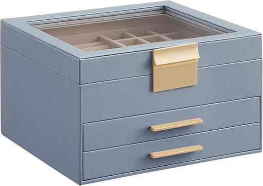SONGMICS GISELLA Collection - Jewelry Box Organizer, 3-Layer Jewelry Storage with 2 Drawers, Shiny Metal Hardware, Glass Lid, Modern, 8 x 9.1 x 5.3 Inches, Smoky Blue and Gold Color UJBC239Q01