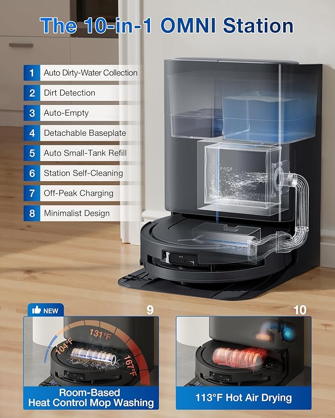 ECOVACS DEEBOT T80 Omni Robot Vacuum and Mop, 18,000Pa Suction, OZMO Roller Mop with TruEdge, Zero-Tangle Brush, AI Navigation, All-in-One Station