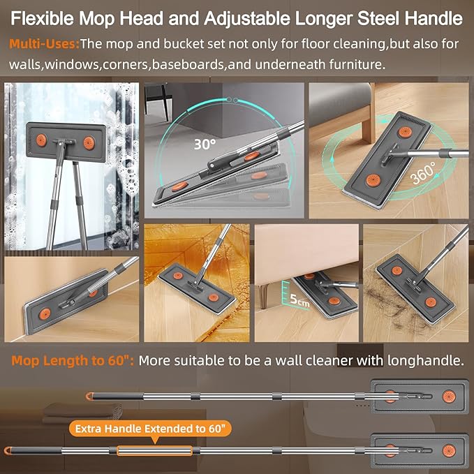 Mop and Bucket with Wringer Set for Home,61" Flat Mop and Bucket System for Floor Cleaning,Wet Dry Mop Window Wall Cleaner with Long Handle,Floor Mop with 4 Washable Microfiber Pads