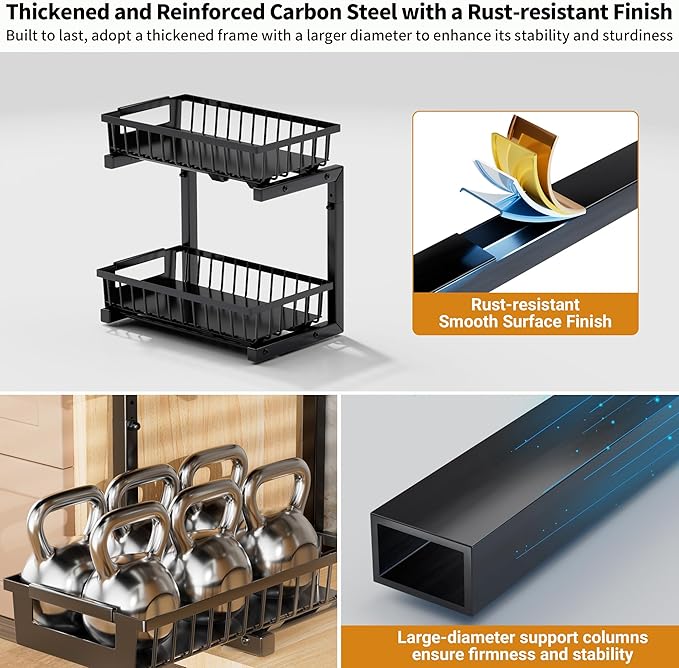 Under Sink Organizer 2 Pack, 2 Tier Adjustable Height Reinforced Carbon Steel Under Kitchen Bathroom Sink Storage Organizer, Smooth Pull-out Under Sink Cabinet Rack Drawer Organizer, Black