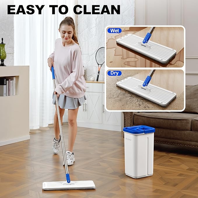 Mop and Bucket Set with Wringer, Squeeze Wall Mop Cleaner with Long Handle, Flat Mop and Bucket System, Dry & Wet Dust Mops for Household Floor Cleaning with 3 Microfiber Mops, Slate Blue